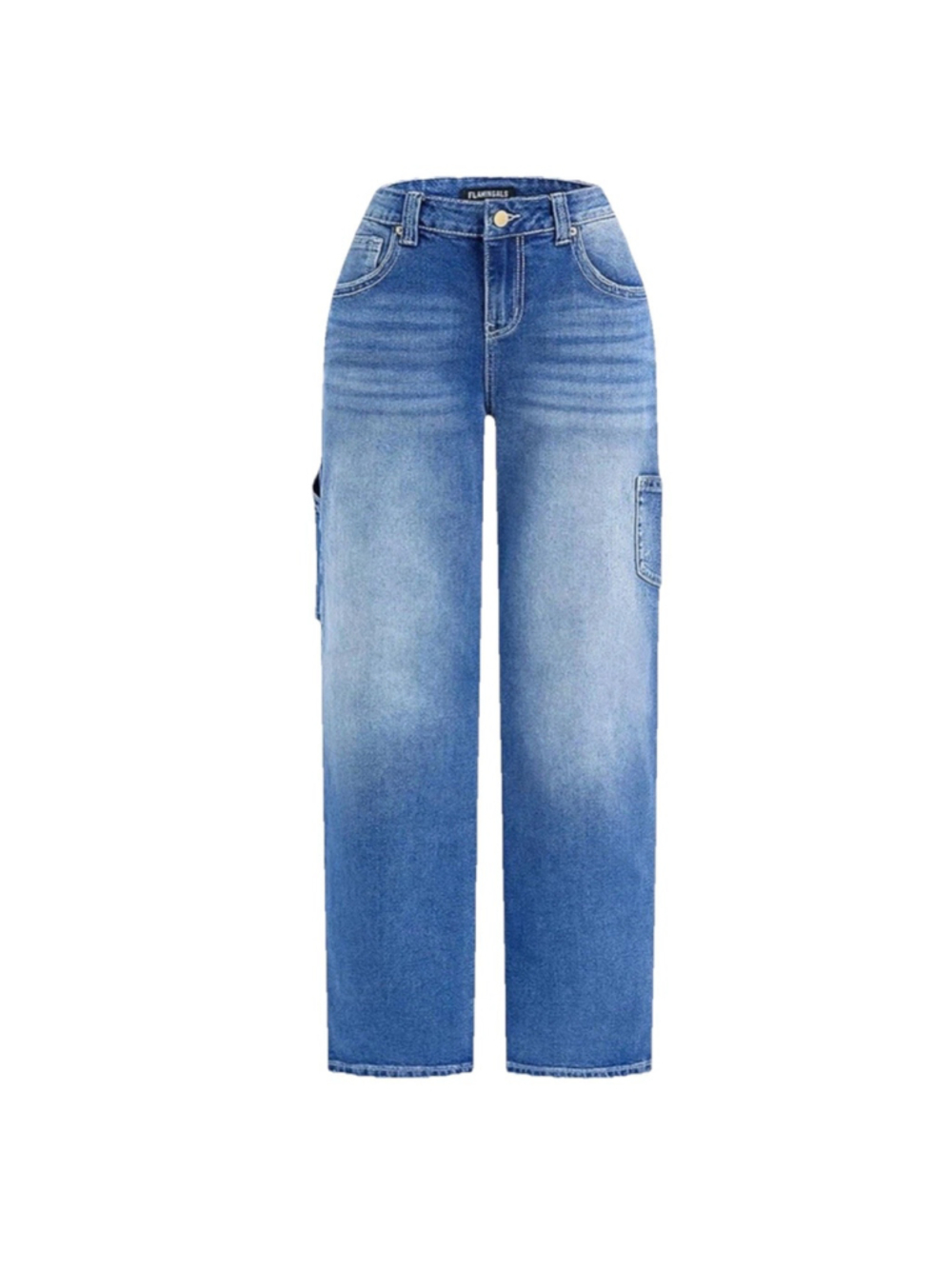 Flamingals Mid Rise Straight Leg Jeans Women Multi Pocket Stretchy Baggy M